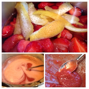 Strawberries and lemon zest cooking in simple syrup, and the before and after of straining cooked strawberries
