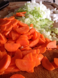 The mise en place for our lentil dish: onions, celery and carrots